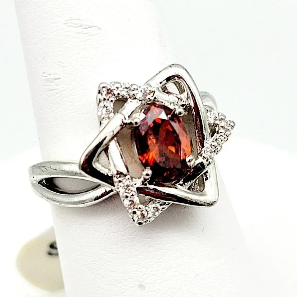 Sz 6 Star of David Ring Cubic Zirconia's Faux Rustic Red Oval Stone Silver Plate